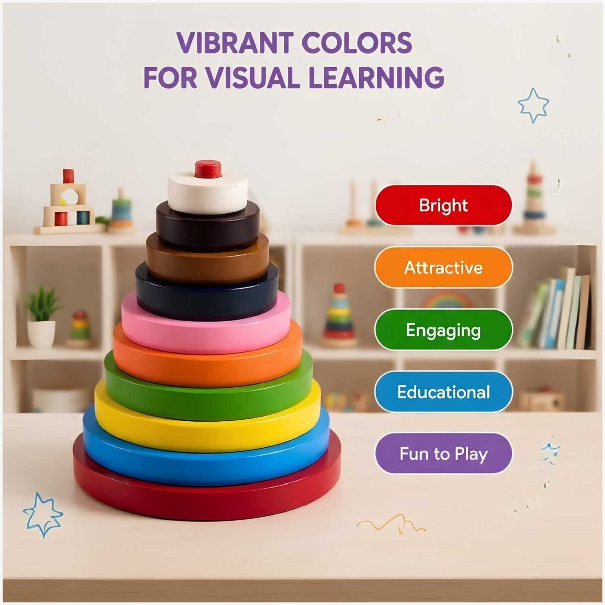 Bluebells Toys Round Circular Tower Montessori Wooden Stacking Toy Educational & Fun Learning Toy for Kids - Image 4