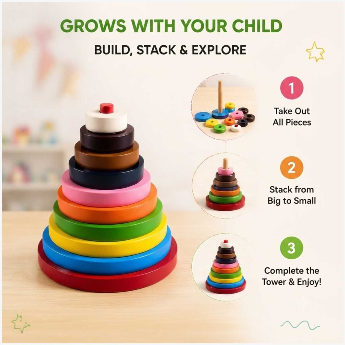 Bluebells Toys Round Circular Tower Montessori Wooden Stacking Toy Educational & Fun Learning Toy for Kids - Image 5