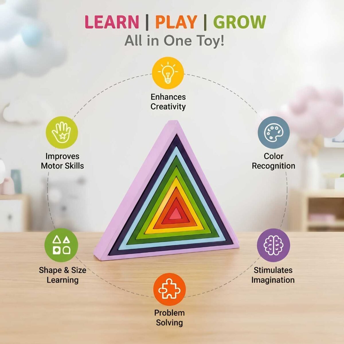 Bluebells Toys Nurzez Multicolor Triangle Shaped Rainbow Stacker Educational & Fun Learning Toy for Kids - Image 5