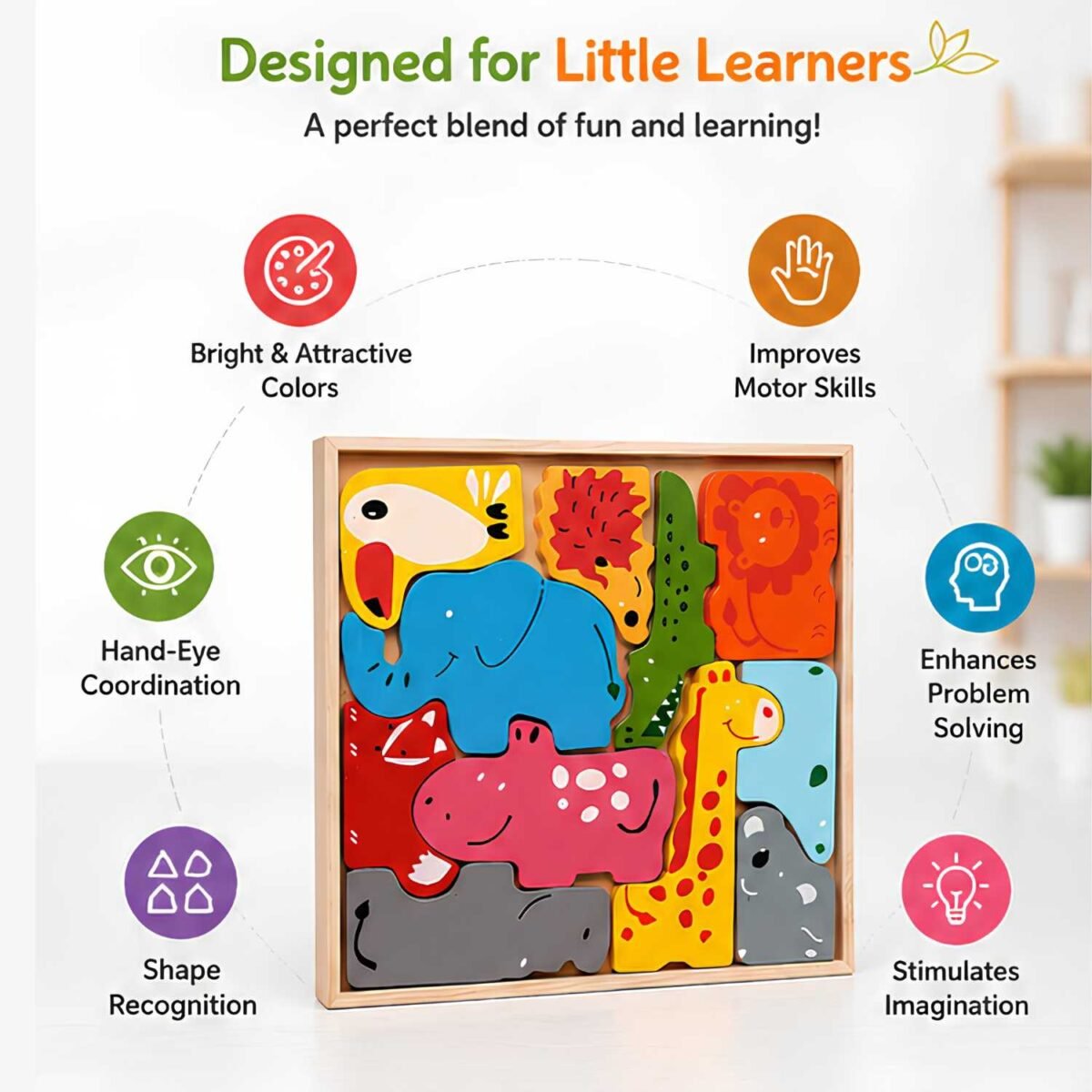 Bluebells Toys Whimsi Animal Design Learning Educational Fun Toy Wooden Blocks Puzzle for Kids - Image 2