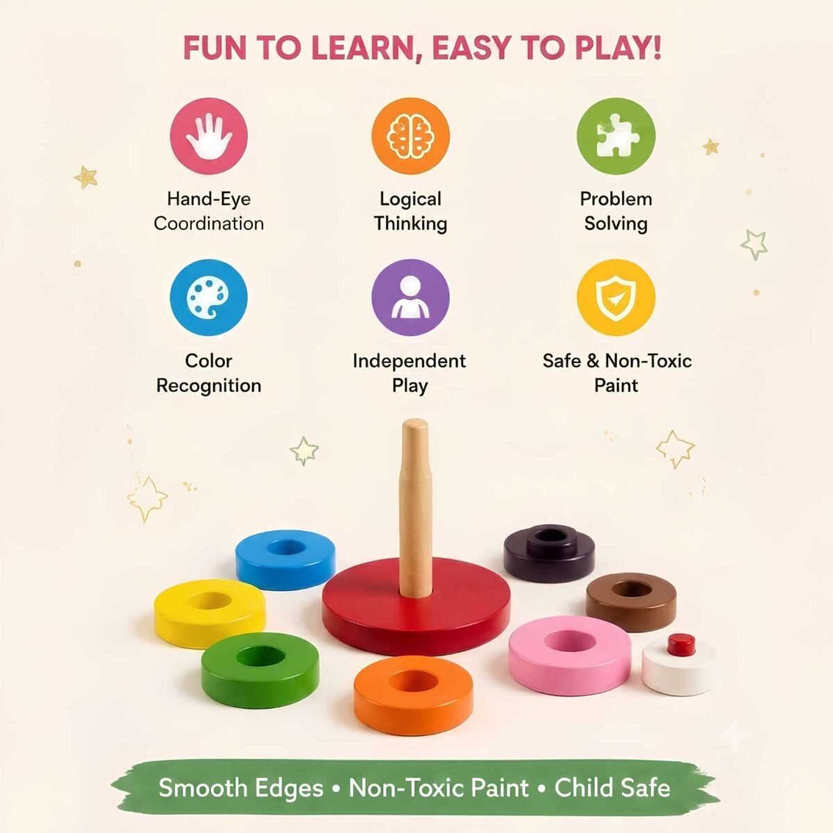 Bluebells Toys Round Circular Tower Montessori Wooden Stacking Toy Educational & Fun Learning Toy for Kids - Image 2