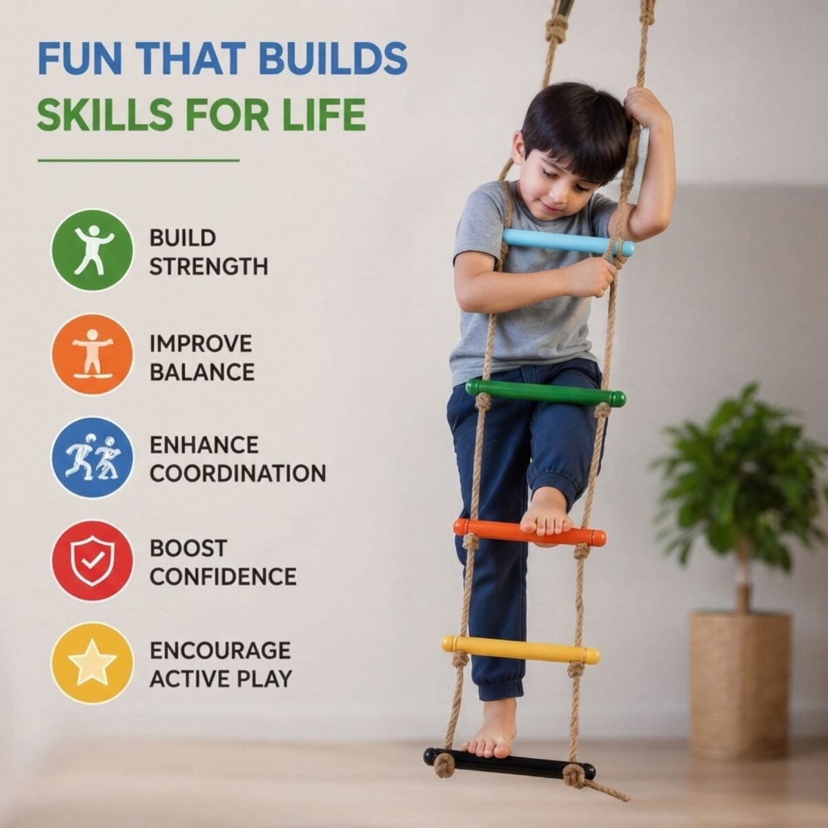 Bluebells Toys Skillofunry Mango Wood Wall Hanging 7-Steps Rope Ladder Fun Playing Toy for kids - Image 2