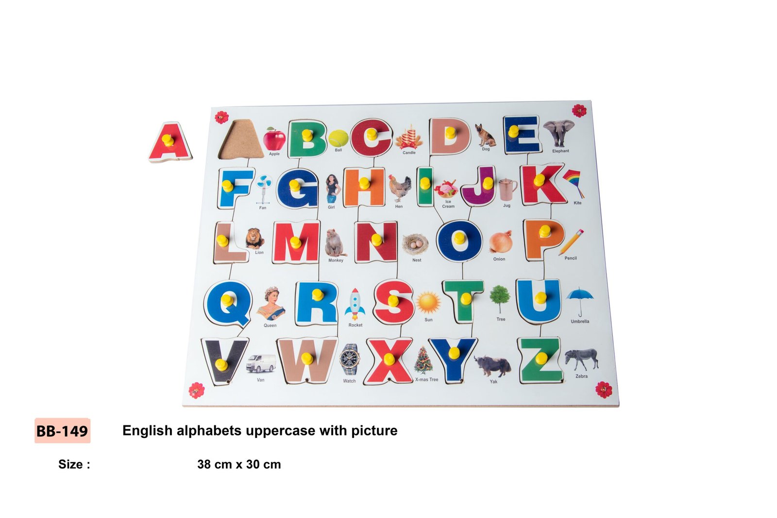 English Alphabets Uppercase with Picture board | Bluebells Toys | Online Wooden Toy | Online Gift For Kids | Multiple English Words Shapes Wooden Game | Learning Toy For Kids