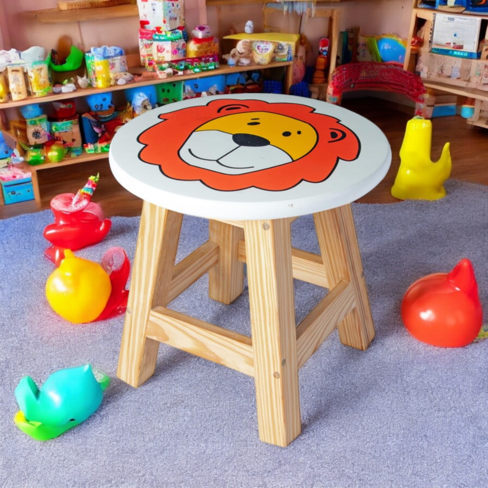Bluebells Toys Nuexzy Lion Design Kids Stool Wooden Round Stool for Playroom & Study Toddler Seat, Fun & Durable - Image 5