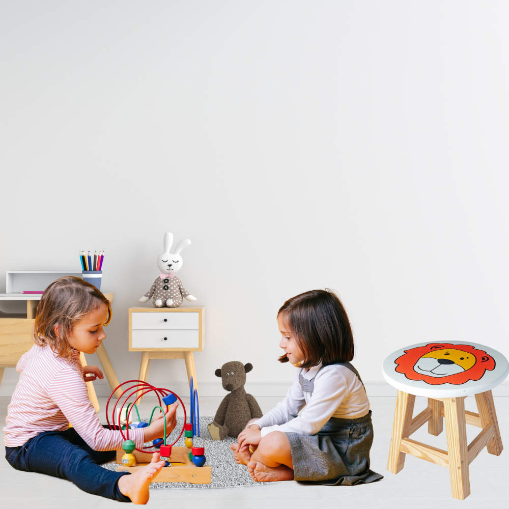 Bluebells Toys Nuexzy Lion Design Kids Stool Wooden Round Stool for Playroom & Study Toddler Seat, Fun & Durable - Image 2
