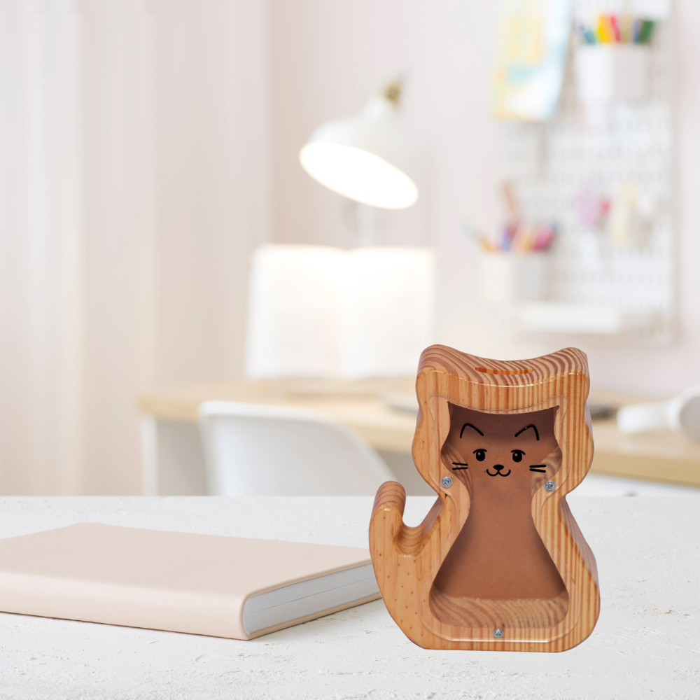 Bluebells Toys Bankoria Cat Design Money Bank Pinewood & Acrylic Sheet for Kids Non-Toxic Toy