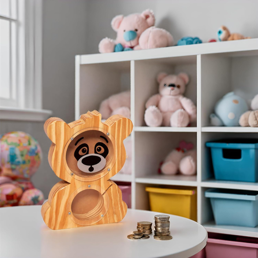 Bluebells Toys Frugenix Bear Design Money Piggy Bank Pinewood & Acrylic Sheet for Kids Non-Toxic Toy