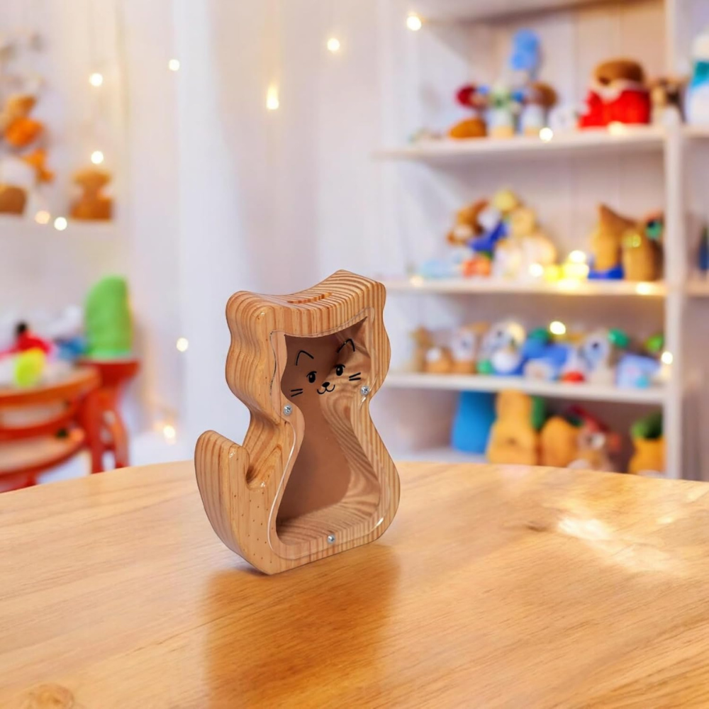 Bluebells Toys Bankoria Cat Design Money Bank Pinewood & Acrylic Sheet for Kids Non-Toxic Toy - Image 2