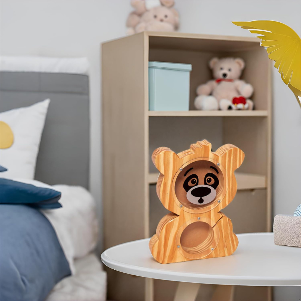 Bluebells Toys Frugenix Bear Design Money Piggy Bank Pinewood & Acrylic Sheet for Kids Non-Toxic Toy - Image 2