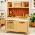 Wooden Kids Kitchen Set with Sink & Storage for Boys & Girls (Golden)