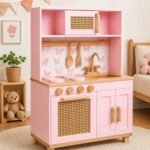 Wooden Pink Kitchen Play Set with Sink & Storage for Kids