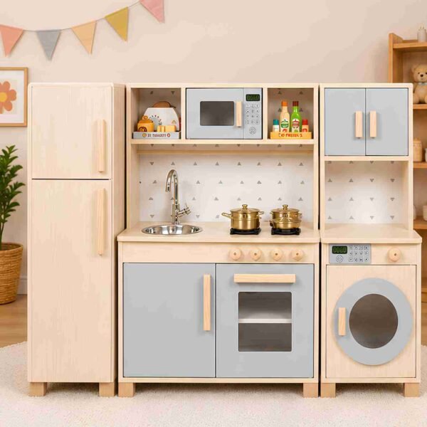 Wooden Kids Kitchen Set with Fridge, Oven & Microwave Toy