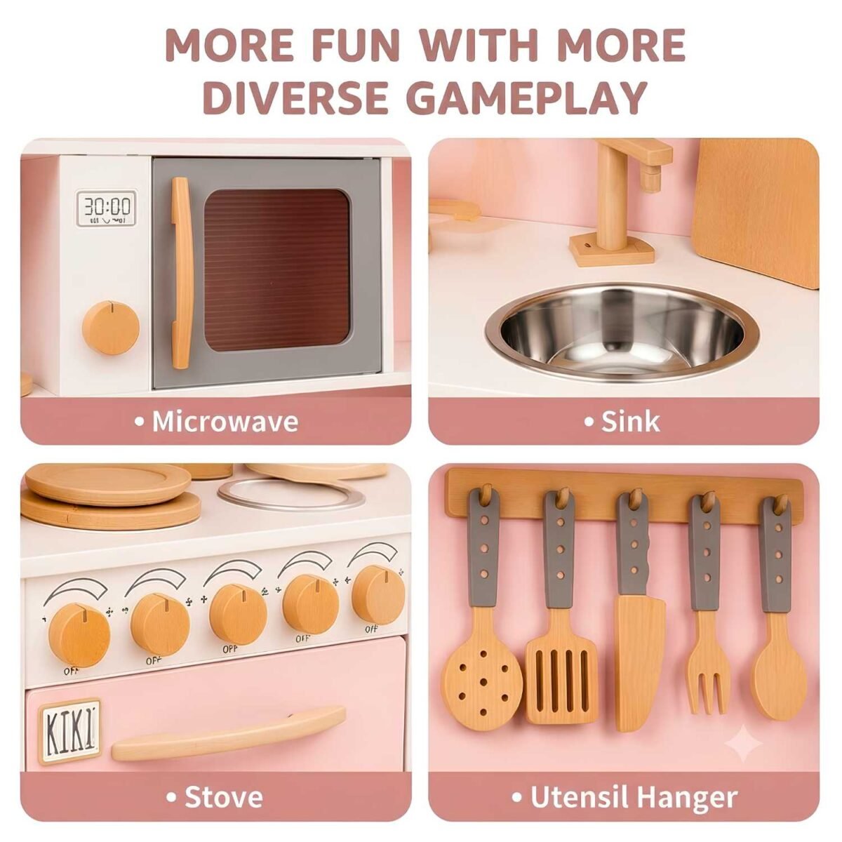Wooden Kitchen Play Set with Microwave & Sink for Kids - Image 2