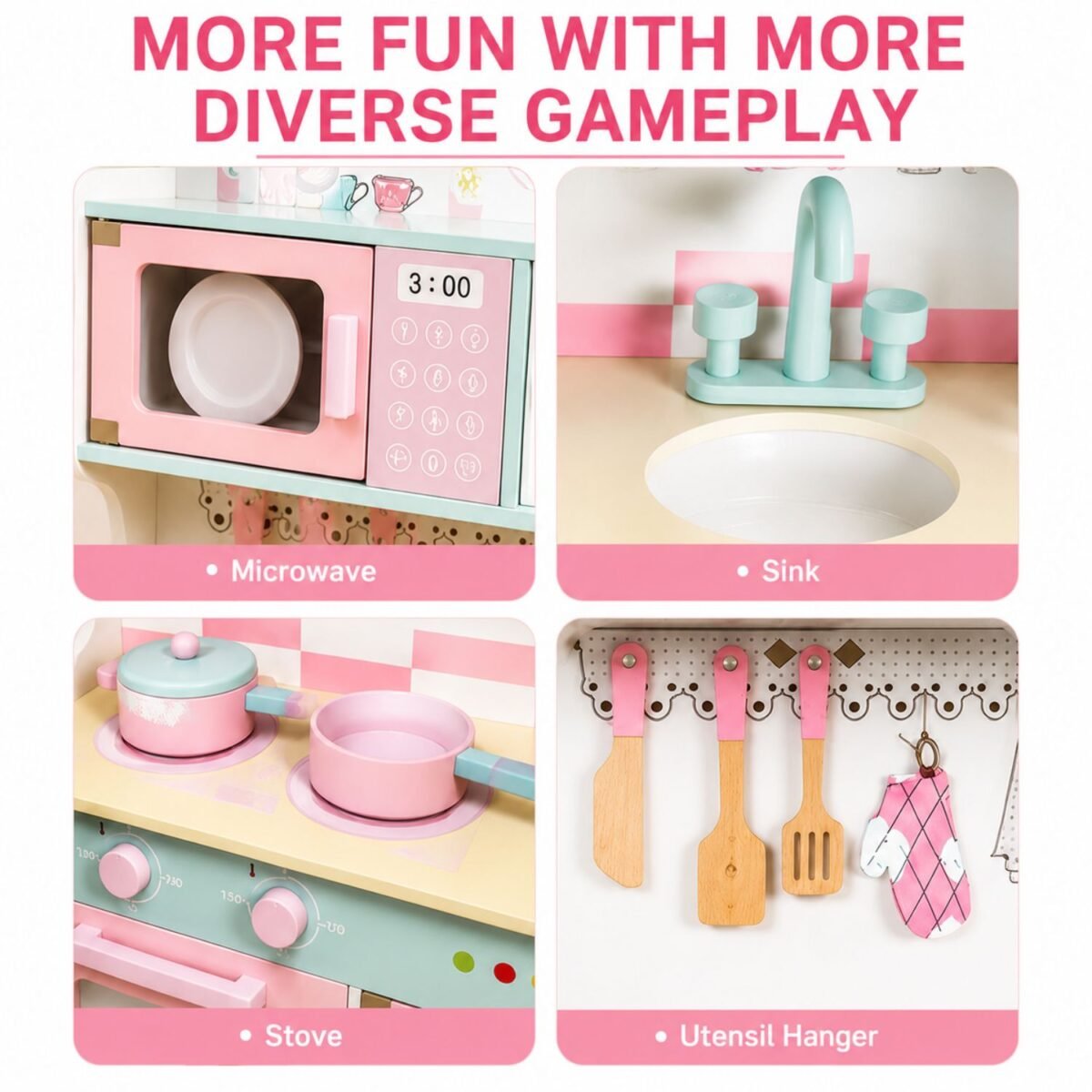 Wooden Kids Kitchen Set with Fridge, Oven & Sink Toy For Kids - Image 2