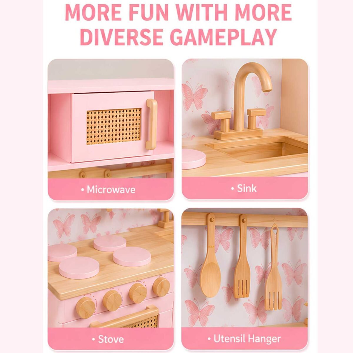 Wooden Pink Kitchen Play Set with Sink & Storage for Kids - Image 2