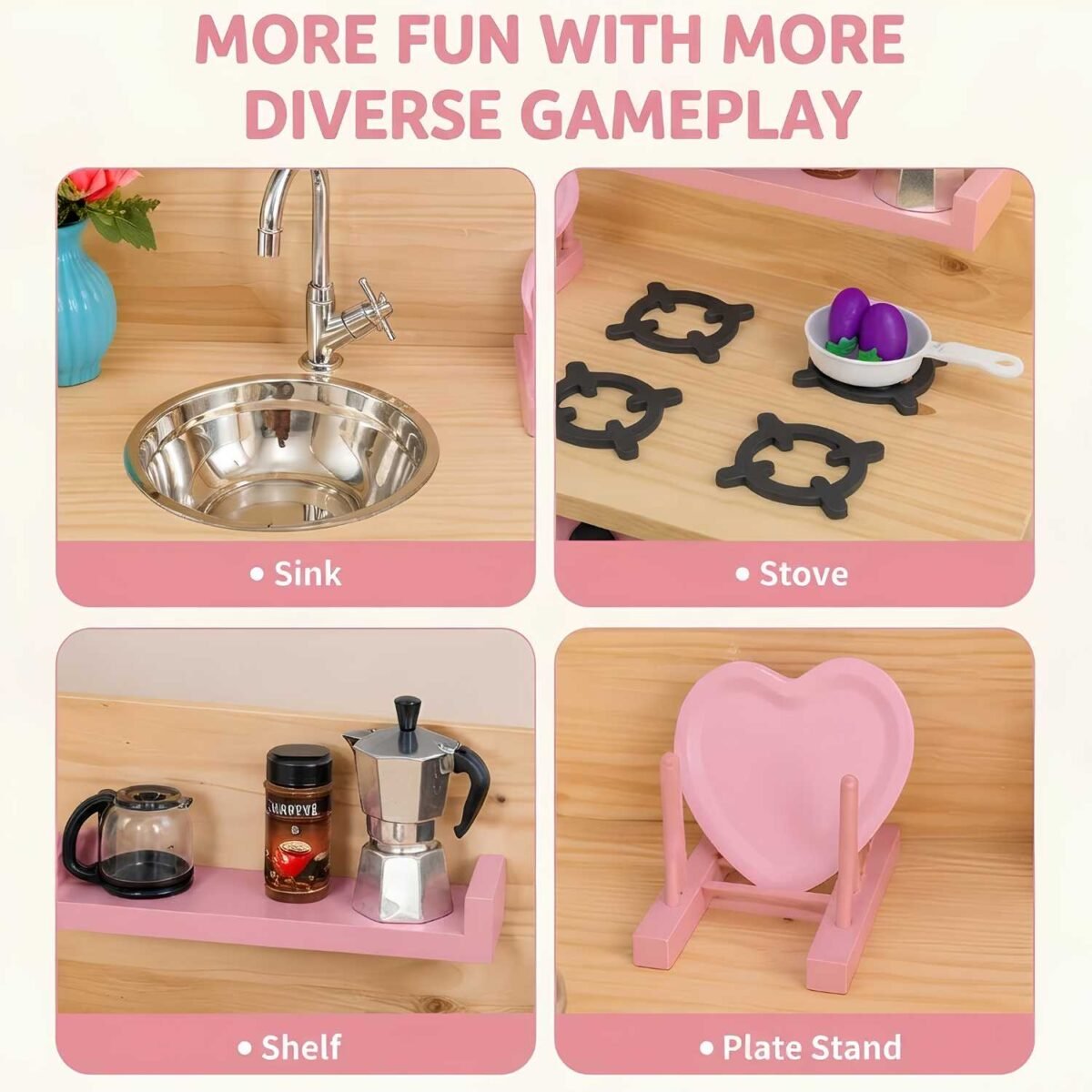 Wooden Kids Kitchen Set with Sink, Oven & Storage Cabinet For Kids - Image 2