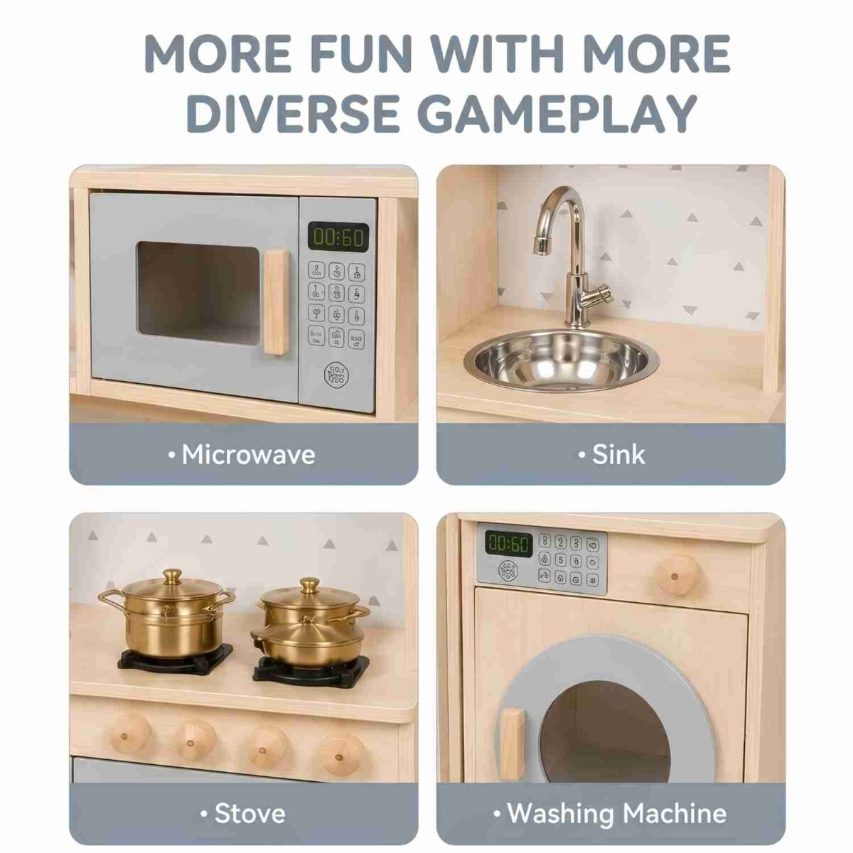 Wooden Kids Kitchen Set with Fridge, Oven & Microwave Toy - Image 2