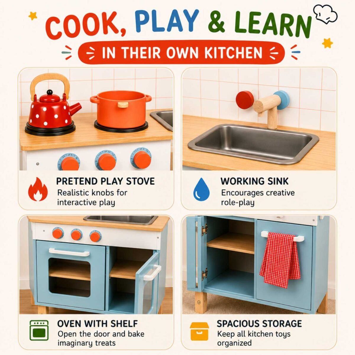 Wooden Kids Kitchen Set with Sink, Oven & Storage Cabinet For Kids - Image 2