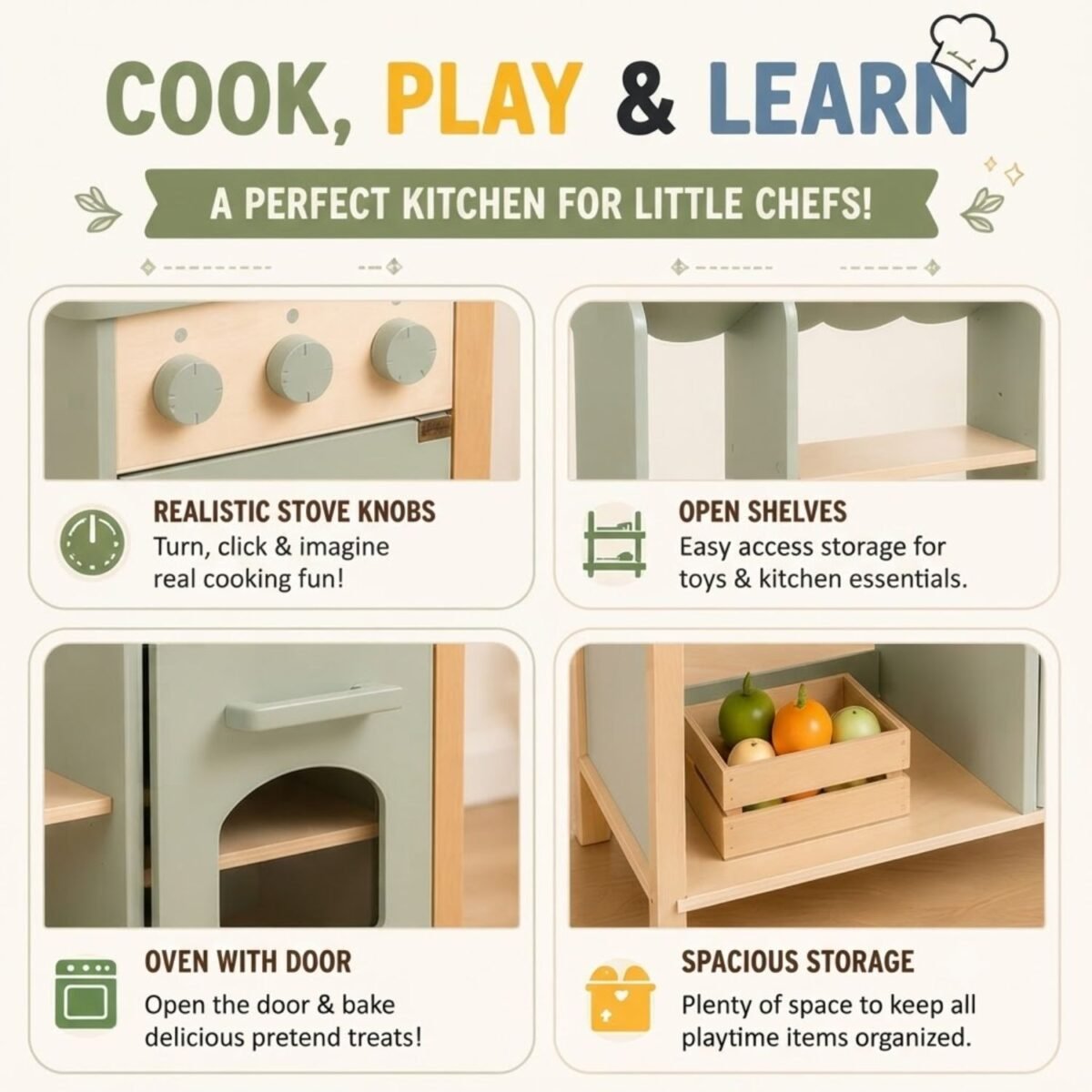 Wooden Kids Kitchen Play Set with Oven & Storage for Kids - Image 2
