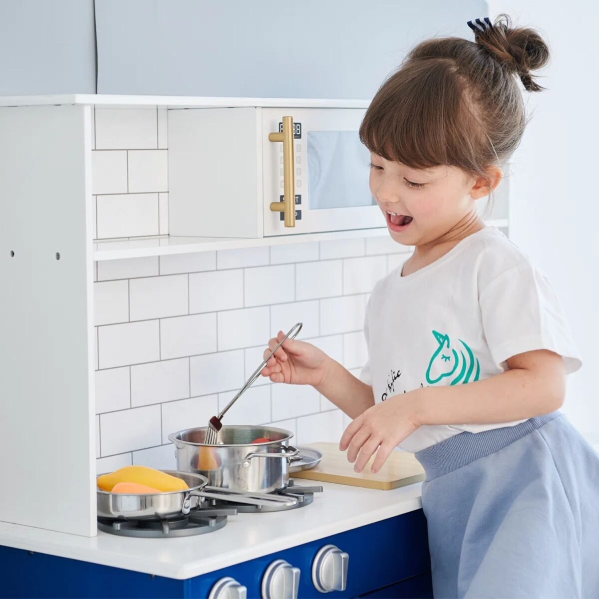 Wooden Kids Kitchen Playset with Sink & Microwave - Blue For Kids - Image 2