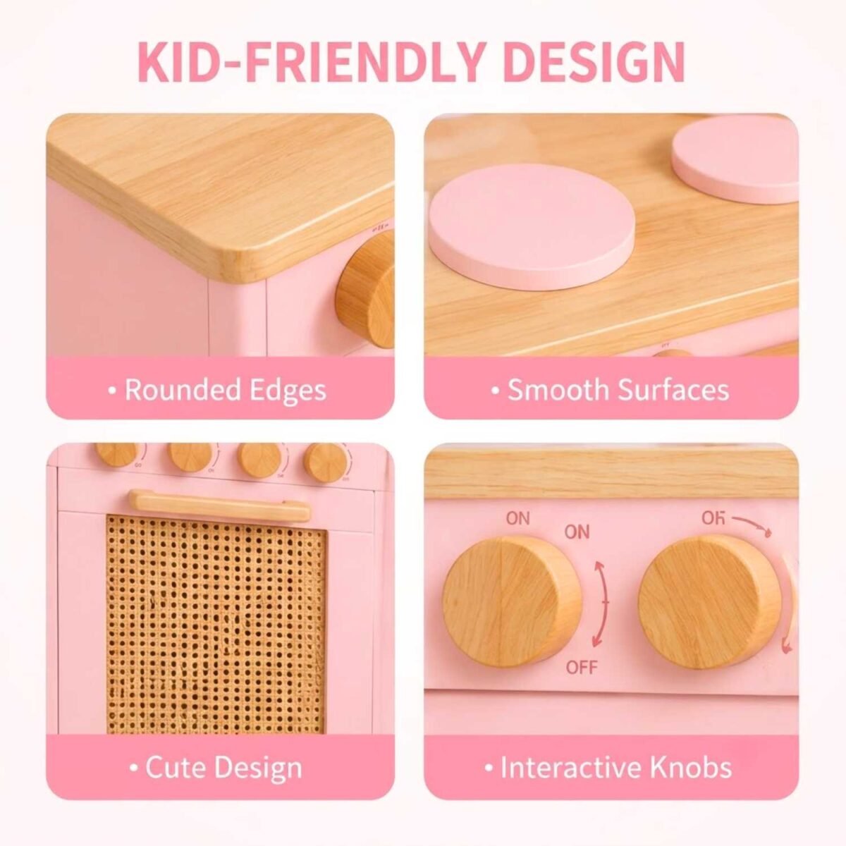 Wooden Pink Kitchen Play Set with Sink & Storage for Kids - Image 3