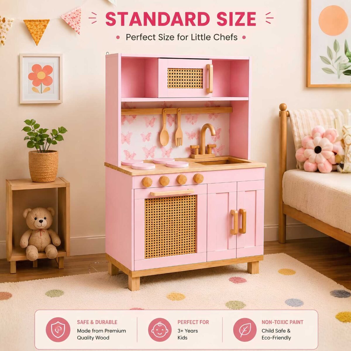 Wooden Pink Kitchen Play Set with Sink & Storage for Kids - Image 4