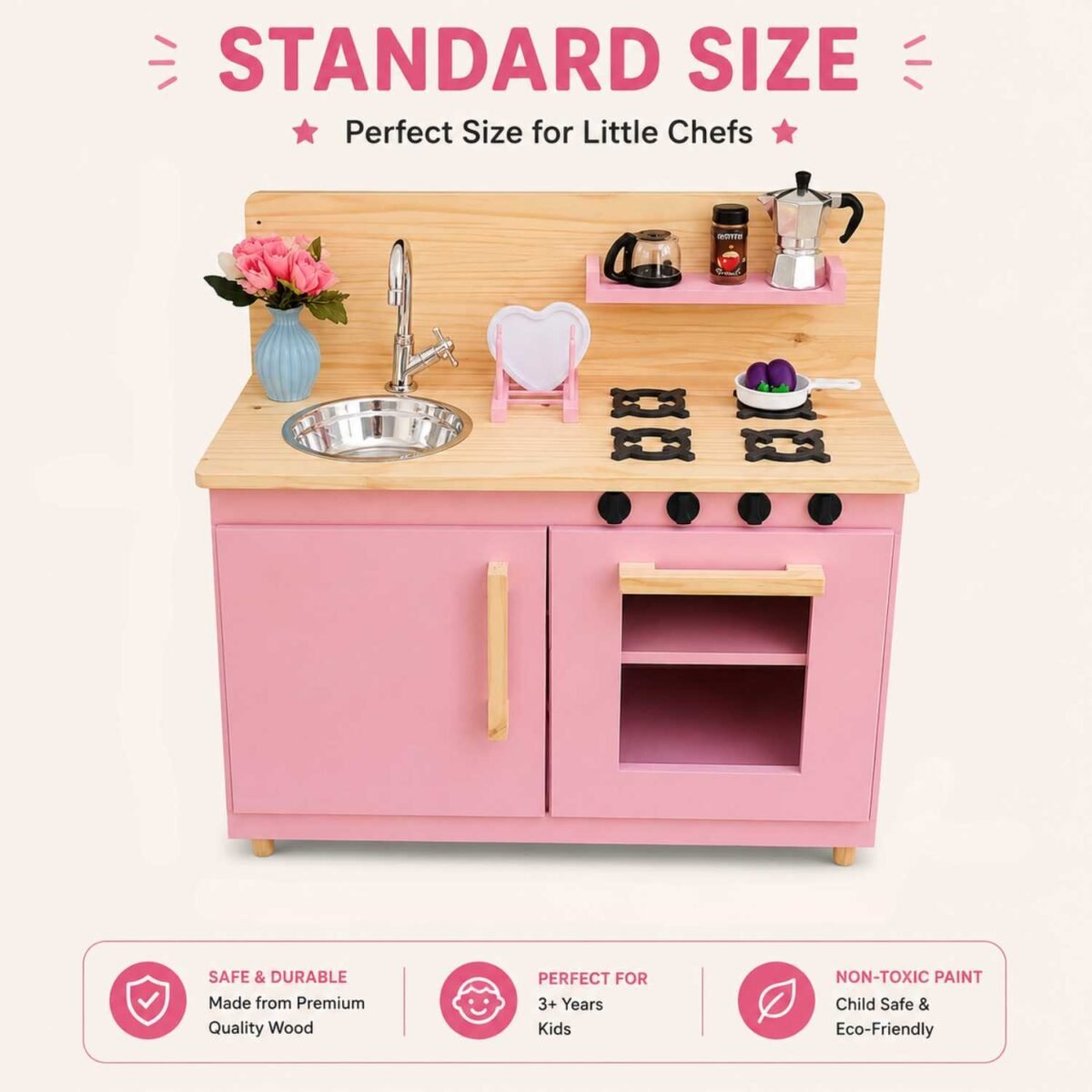 Wooden Kids Kitchen Set with Sink, Oven & Storage Cabinet For Kids - Image 4