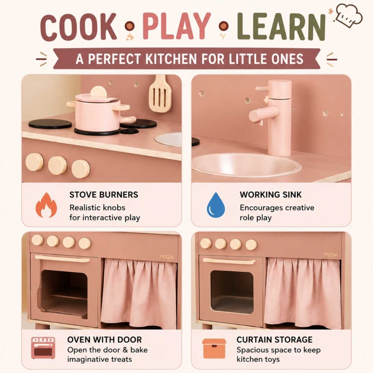 Wooden Kids Kitchen Play Set with Sink & Oven for Toddlers - Image 2
