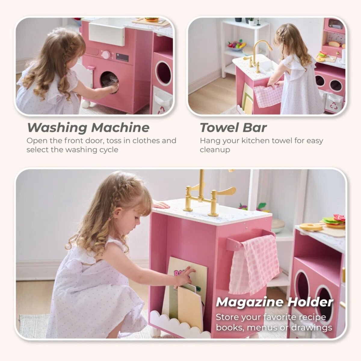 Wooden Kids Kitchen Play Set with Fridge, Sink & Washing Machine For Kids - Image 5