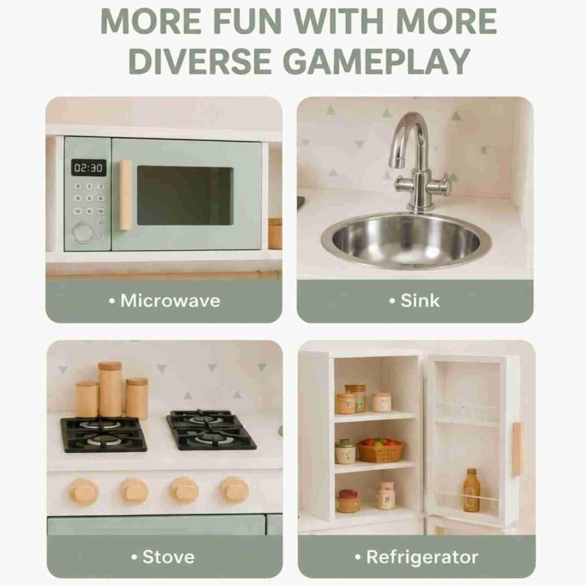 Wooden Kids Kitchen Set with Fridge, Sink & Microwave Toy For Kids - Image 2