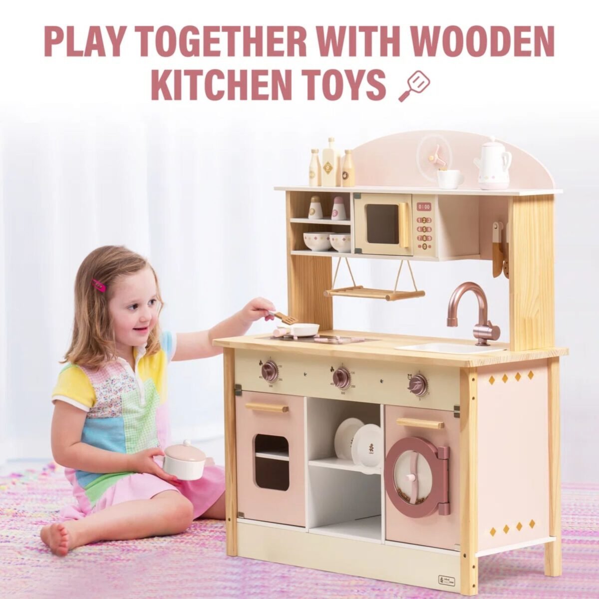 Wooden Kids Kitchen Playset with Sink & Microwave - Pink For Kids - Image 4