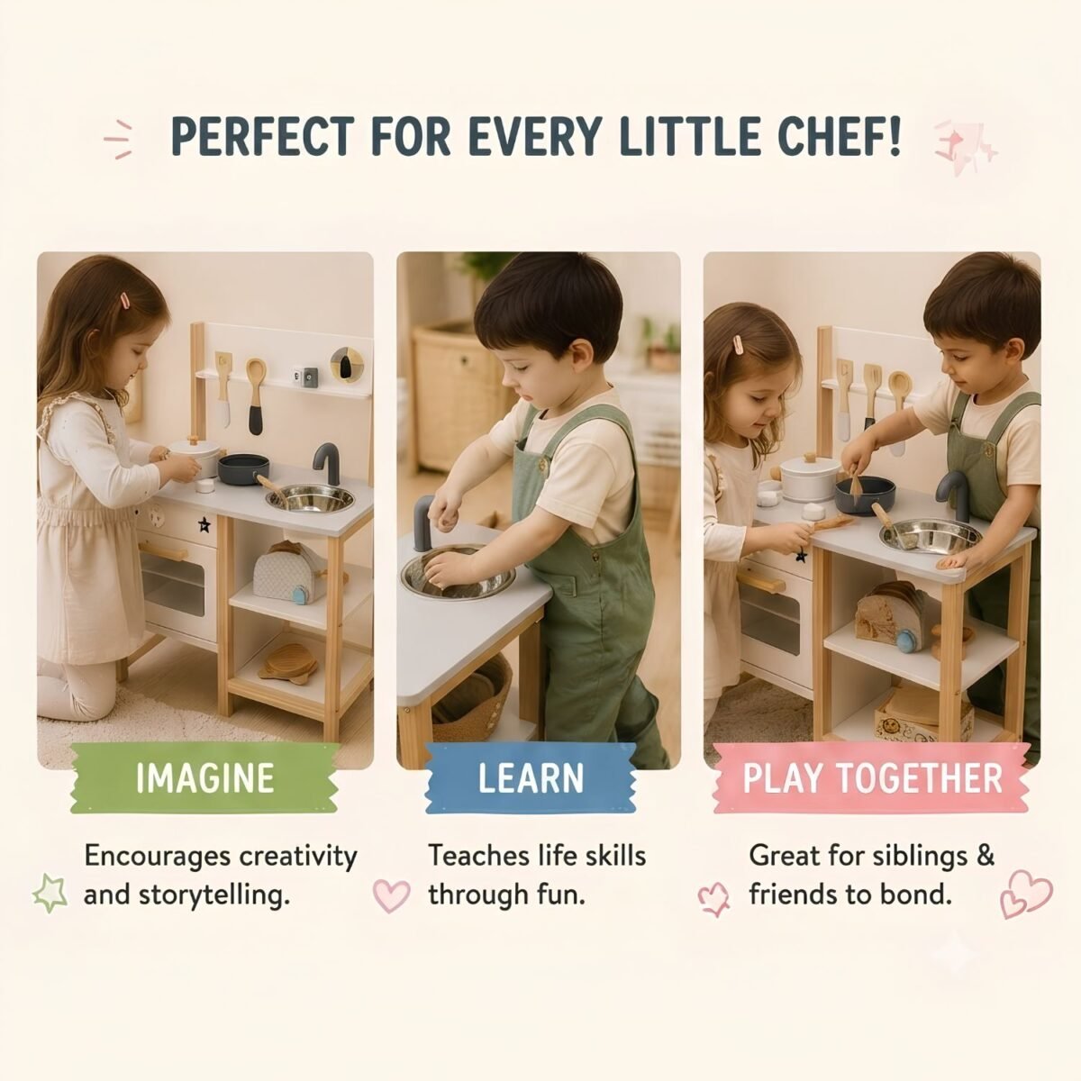 Wooden Kids Kitchen Play Set with Sink & Oven for Toddlers - Image 4
