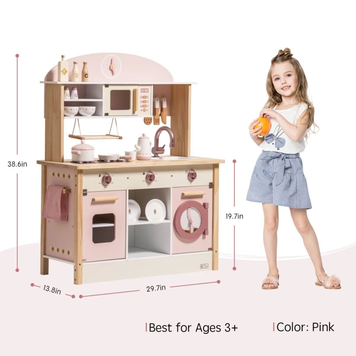 Wooden Kids Kitchen Playset with Sink & Microwave - Pink For Kids - Image 5
