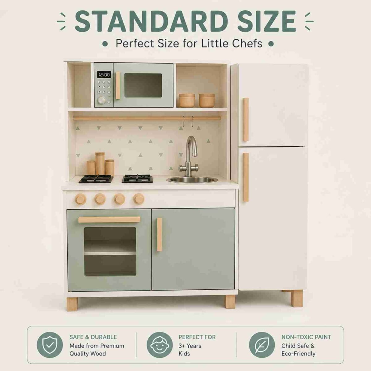 Wooden Kids Kitchen Set with Fridge, Sink & Microwave Toy For Kids - Image 4