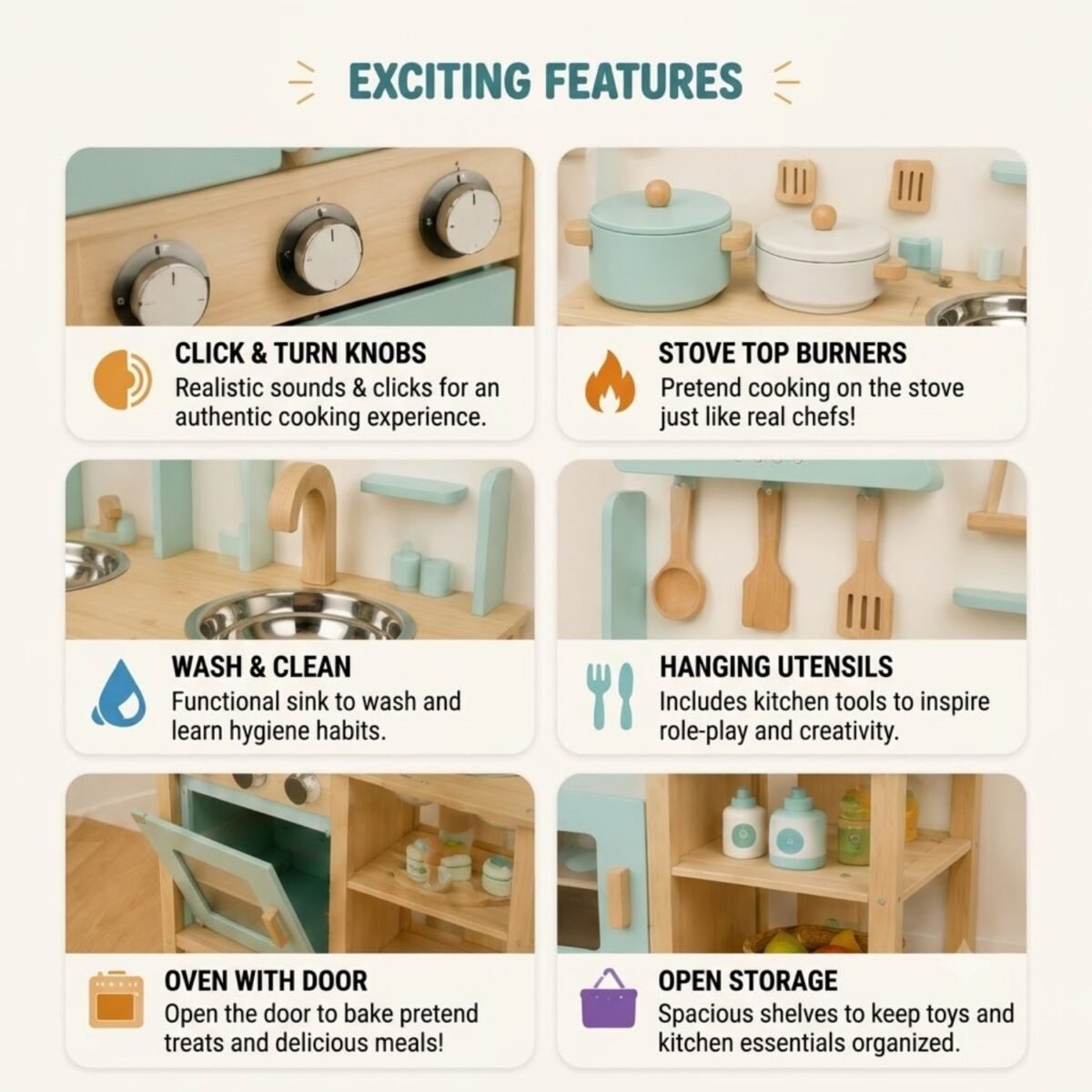 Wooden Kids Kitchen Play Set with Sink & Oven for Kids - Image 2