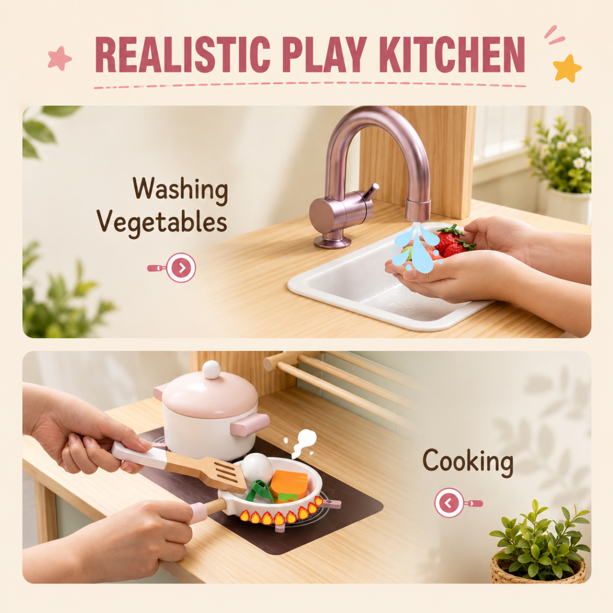 Wooden Kids Kitchen Playset with Sink & Microwave - Pink For Kids - Image 2