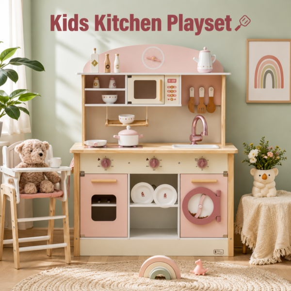 Wooden Kids Kitchen Playset with Sink & Microwave - Pink For Kids