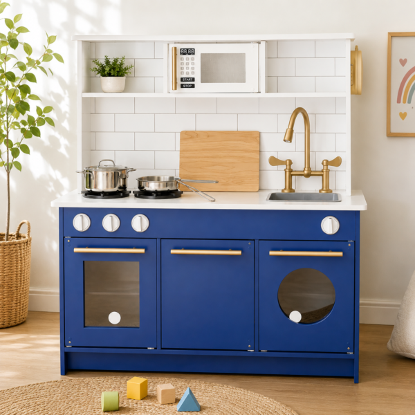 Wooden Kids Kitchen Playset with Sink & Microwave - Blue For Kids