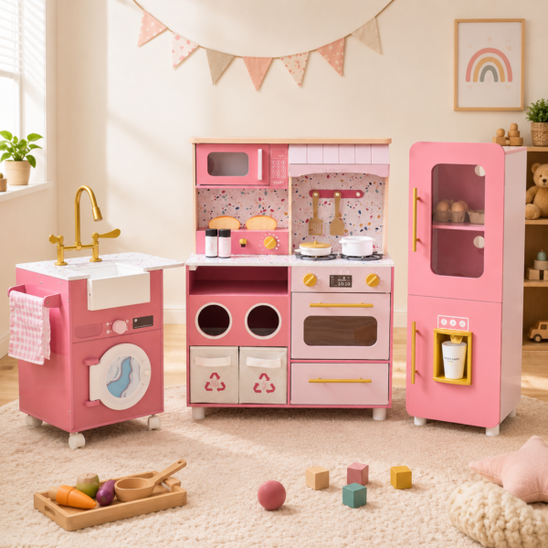 Wooden Kids Kitchen Play Set with Fridge, Sink & Washing Machine For Kids