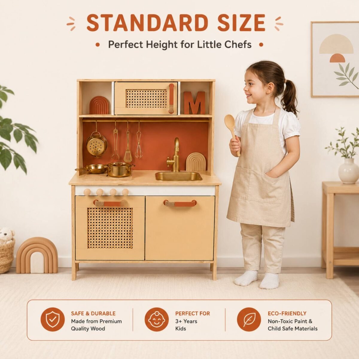 Wooden Kids Kitchen Set with Sink & Storage for Boys & Girls (Golden) - Image 4