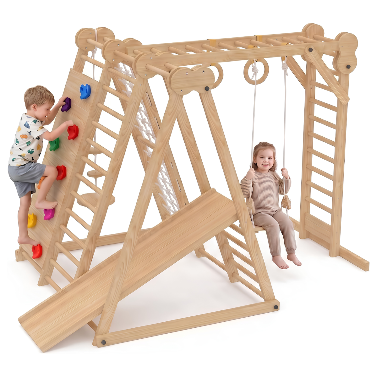 Wooden Indoor Jungle Gym for Kids with Climbing Ladder, Monkey Bars, Rock Climbing Wall, Rope Net & Slide For Kids - Image 2