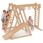 Wooden Indoor Jungle Gym for Kids with Climbing Ladder, Monkey Bars, Rock Climbing Wall, Rope Net & Slide For Kids - Image 2
