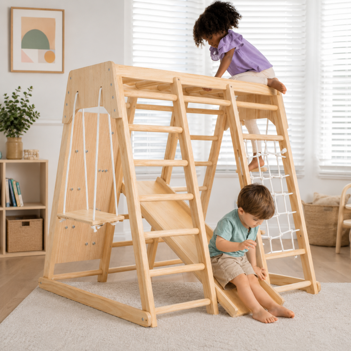 Wooden Indoor Jungle Gym for Kids | Climbing Ladder, Rock Climbing Wall, Rope Net, Monkey Bars & Swing | Active Play Structure for Indoor Fun - Image 2
