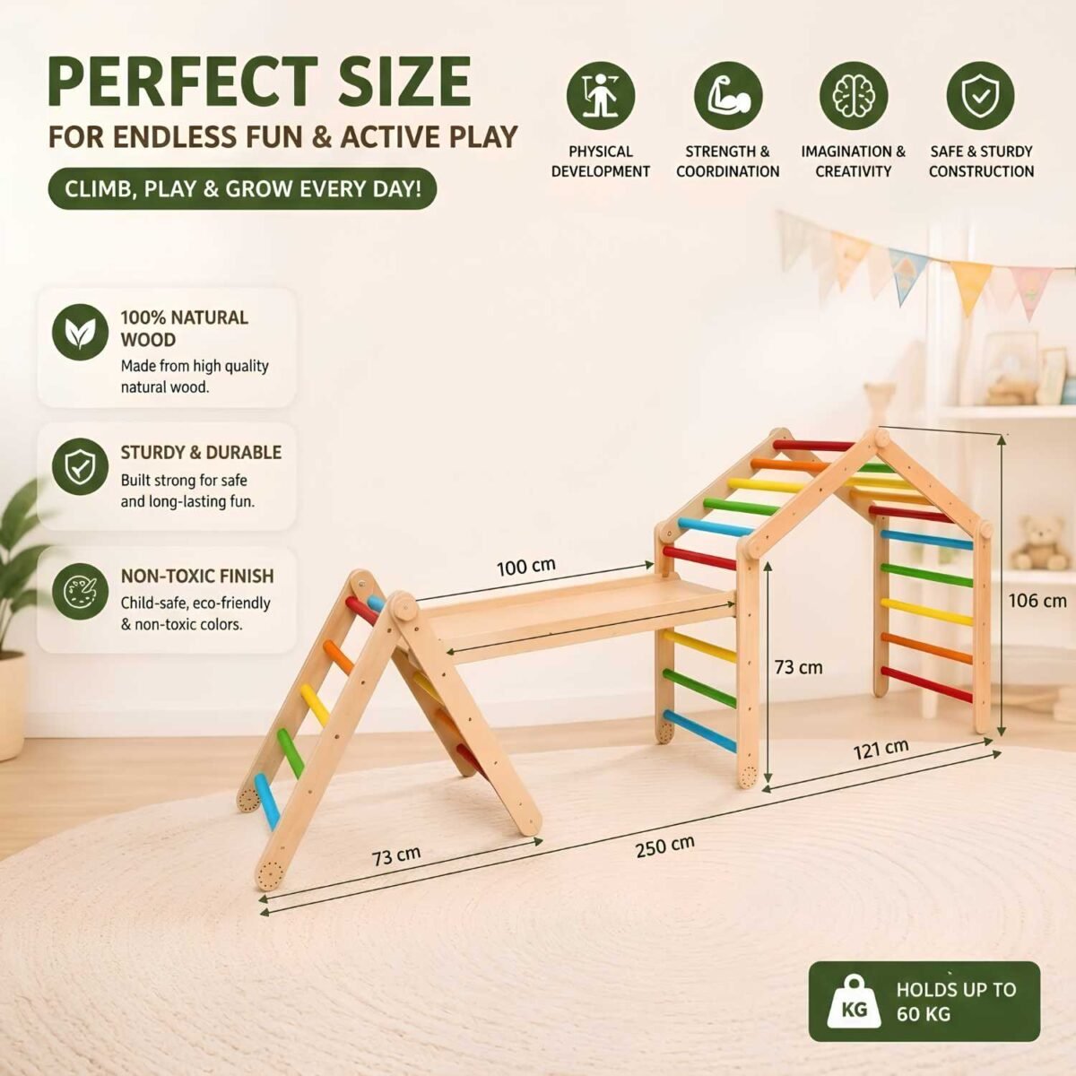 Wooden Climbing Adventure Gym with Slide | Montessori Indoor Climbing Play Set for Kids - Image 5