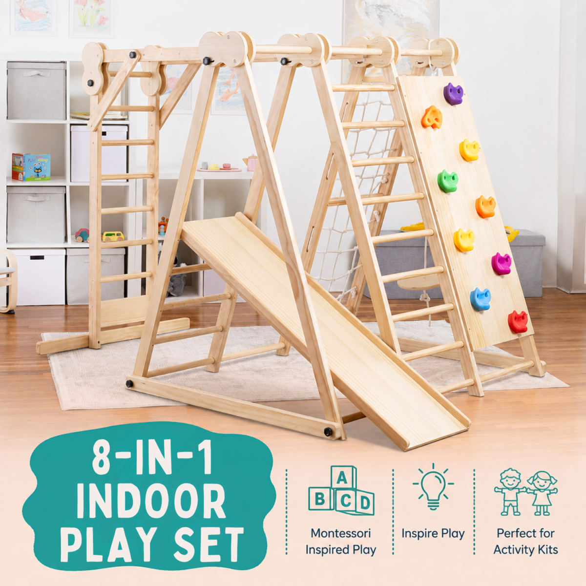 Wooden Indoor Jungle Gym for Kids with Climbing Ladder, Monkey Bars, Rock Climbing Wall, Rope Net & Slide For Kids - Image 3