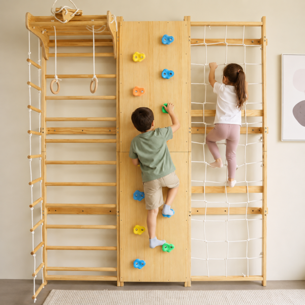Wooden Indoor Climbing Gym for Kids with Climbing Wall, Rope Net, Ladder, Gym Rings & Monkey Bars For kids