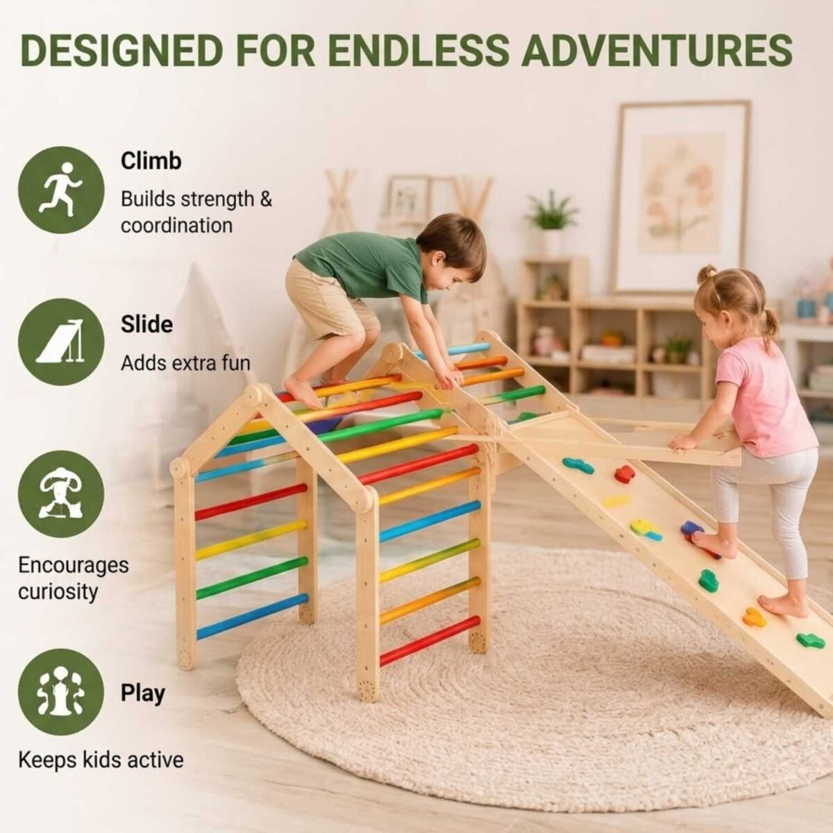 Wooden Climbing Adventure Gym with Slide | Montessori Indoor Climbing Play Set for Kids - Image 3