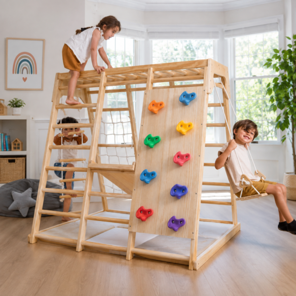 Wooden Indoor Jungle Gym for Kids | Climbing Ladder, Rock Climbing Wall, Rope Net, Monkey Bars & Swing | Active Play Structure for Indoor Fun