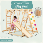 Wooden Indoor Jungle Gym for Kids with Climbing Ladder, Monkey Bars, Rock Climbing Wall, Rope Net & Slide For Kids - Image 4