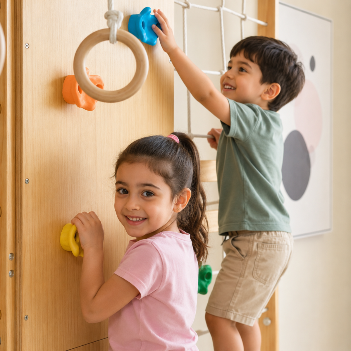 Wooden Indoor Climbing Gym for Kids with Climbing Wall, Rope Net, Ladder, Gym Rings & Monkey Bars For kids - Image 4